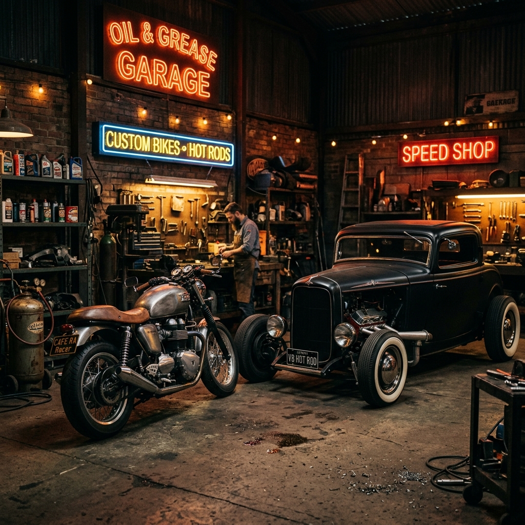 Vintage Garage Workshop with Custom Cafe Racer