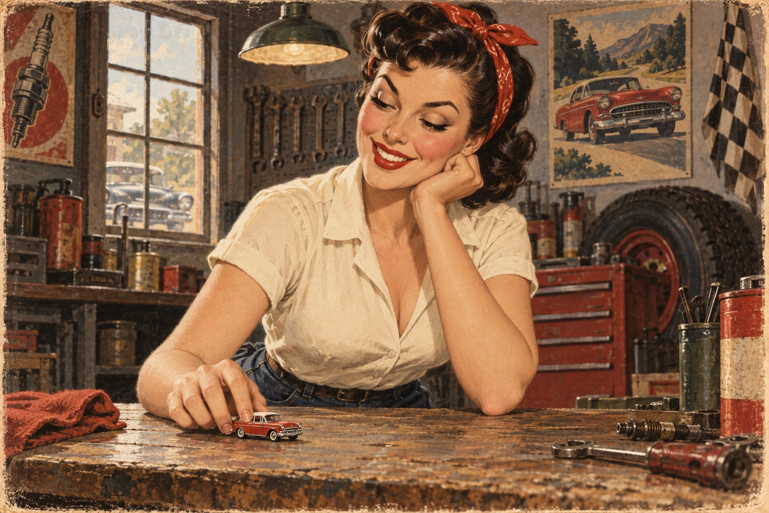 Pin-up rockabilly jouant avec une voiture miniature dans un atelier, illustration inspirée des années 1950.